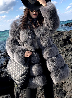 Grey Loose Hooded Paneled Faux Fur Coat