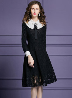 Trendy Shirt Collar Bowknot Lace Paneled A Line Dress