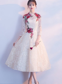 Mandarin Collar High-rise Big Hem Midi Prom Dress