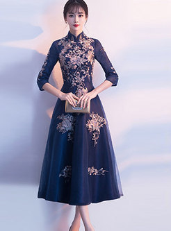 Trendy Mandarin Collar Big Hem Party Long Sleeve Dress