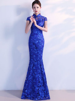 Deep Blue Mandarin Collar Lace Paneled Mermaid Prom Dress