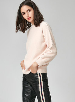 Stylish Solid Color Beaded Knitted Sweater