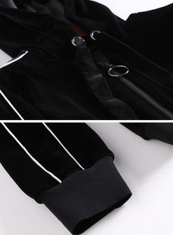 Casual Color-blocked Hooded Zipper Velvet Coat