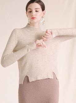High Neck Long Sleeve Split Knitted Sweater