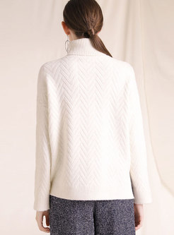 Autumn White Turtle Neck Texture Loose Sweater 