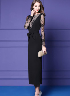 Fashion Black Lace Splicing Gathered Waist Bowknot Dress