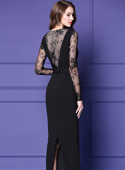 Fashion Black Lace Splicing Gathered Waist Bowknot Dress
