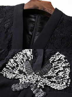 Black V-neck Long Sleeve Beaded Wrap Bodycon Dress