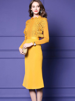 Chic Yellow Solid Lace Patchwork Mermaid Dress