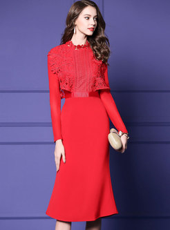 Red Solid Lace Patchwork High Waist Mermaid Dress