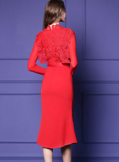 Red Solid Lace Patchwork High Waist Mermaid Dress