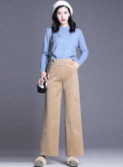 Trendy Elastic Waist Top Stitched Woolen Wide Leg Pants