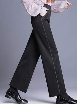 Black Elastic Waist Top Stitched Woolen Wide Leg Pants