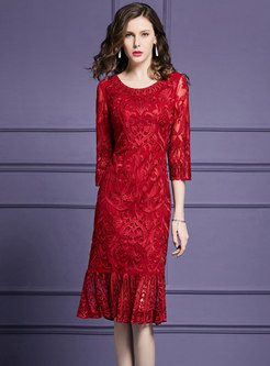 Fashion Red Three Quarters Sleeve Mermaid Dress