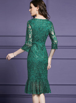 Fashion Green Three Quarters Sleeve Mermaid Dress