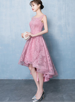 Pure Color O-neck Mid-claf Irregular Evening Dress