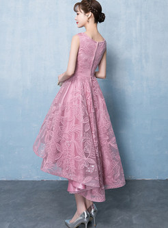 Pure Color O-neck Mid-claf Irregular Evening Dress