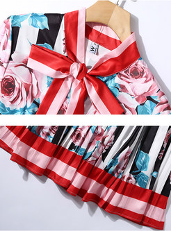 Standing Collar Long Sleeve Bowknot Floral Maxi Dress