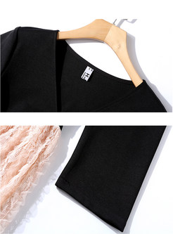V-neck Black Splicing Lace Mid-claf A Line Dress