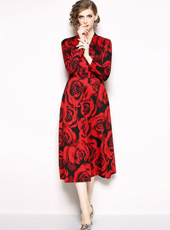Elegant V-neck Long Sleeve Rose Print Skater Dress