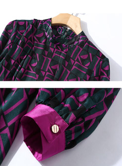 Standing Collar Lantern Sleeve Geometric Print Maxi Dress