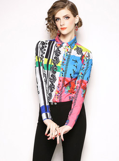 Turn Down Collar Note Print Single-breasted Blouse