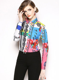 Turn Down Collar Note Print Single-breasted Blouse