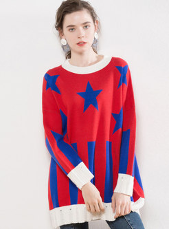 Stylish Color-blocked Stars Pattern Loose Sweater