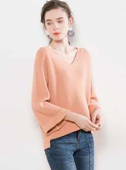 Pure Color V-neck Asymmetric Loose Knitted Sweater