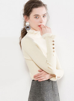 Apricot Ruffled Collar Slim Knitted Sweater