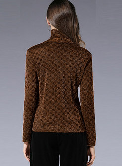 Casual Coffee Turtle Neck Mesh Thicken Long Sleeve Top