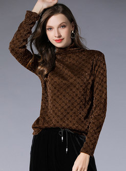 Casual Coffee Turtle Neck Mesh Thicken Long Sleeve Top