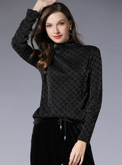 Casual Black Turtle Neck Mesh Thicken Long Sleeve Top