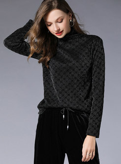 Casual Black Turtle Neck Mesh Thicken Long Sleeve Top