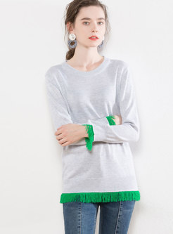 Trendy Hit Color Tassel Patch O-neck Sweater