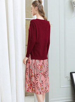 Stylish Print Slip Dress & Solid Color O-neck Asymmetric Sweater