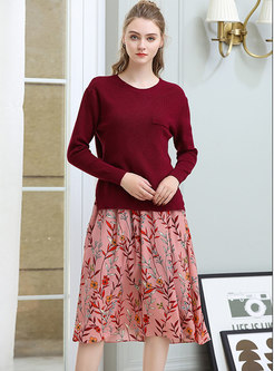 Stylish Print Slip Dress & Solid Color O-neck Asymmetric Sweater