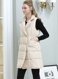 Solid Color Notched Gathered Waist Double-breasted Thick Vest