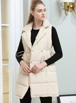 Solid Color Notched Gathered Waist Double-breasted Thick Vest