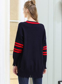 Stylish Color-blocked V-neck Tassel Loose Sweater