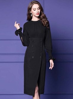 Stylish Black Splicing Slit Bodycon Dress