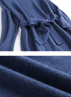 Blue Turtleneck Slit Sweater Dress
