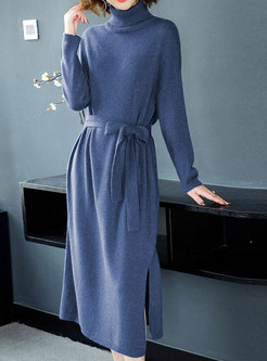 Blue Turtleneck Slit Sweater Dress