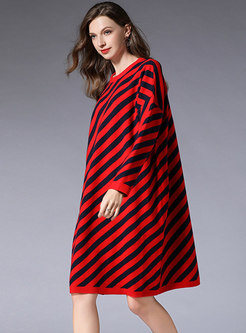 Fashion Red Striped Plus Size Knitted Dress