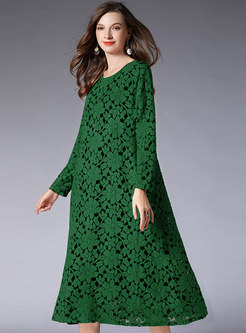 Stylish Lace-paneled O-neck Long Sleeve Loose Dress