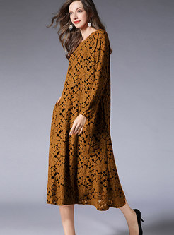 Stylish O-neck Lace-paneled Long Sleeve Loose Dress