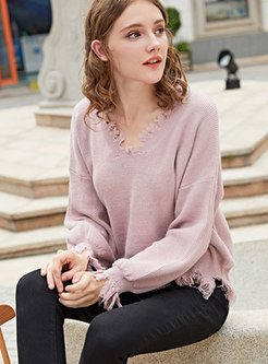 Stylish Pink V-neck Flare Sleeve Fringed Detail Sweater