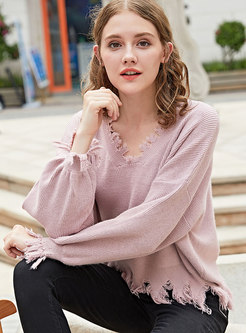 Stylish Pink V-neck Flare Sleeve Fringed Detail Sweater