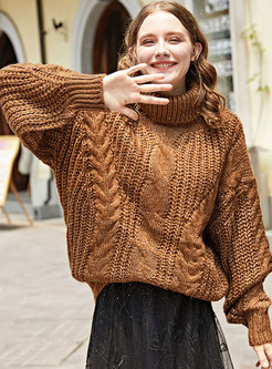 Casual Coffee Turtle Neck Twist Knitted Sweater