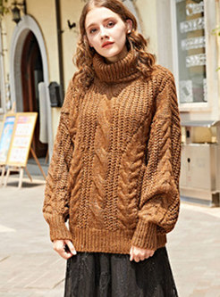 Casual Coffee Turtle Neck Twist Knitted Sweater